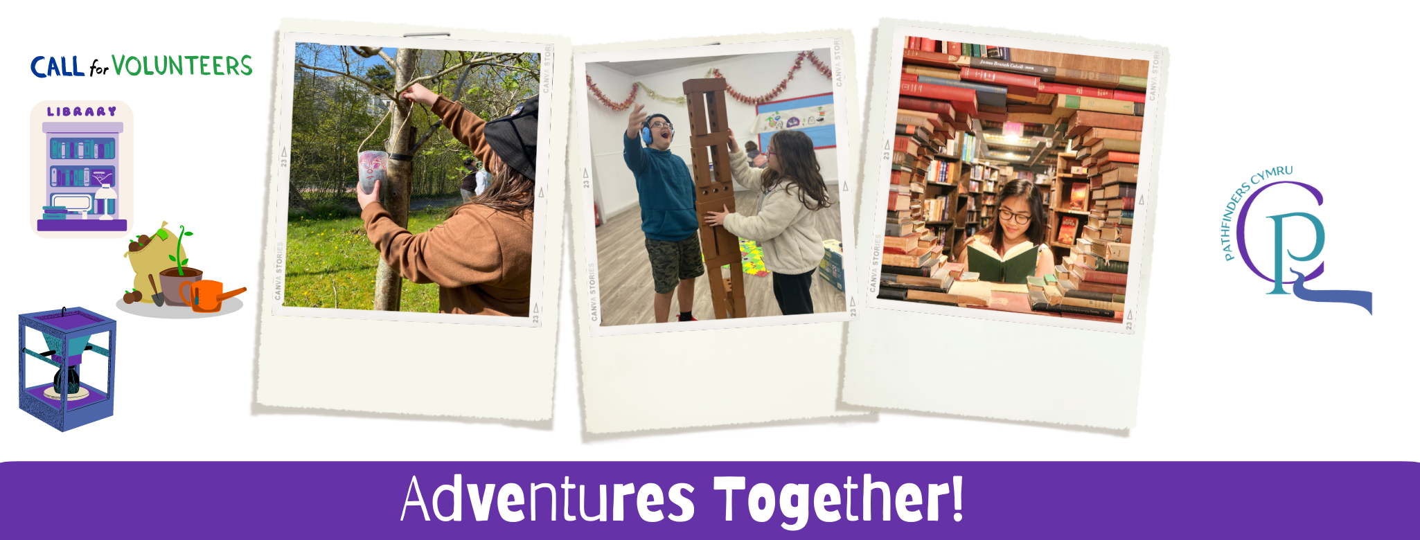 Pathfinders Cymru, promotional banner featuring images of its beneficiaries doing various activities