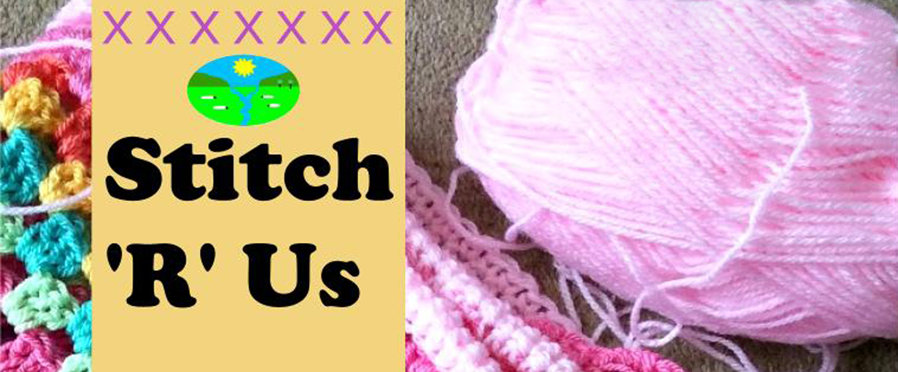 Stitch R Us group image featuring a knitting project and a ball of pink wool